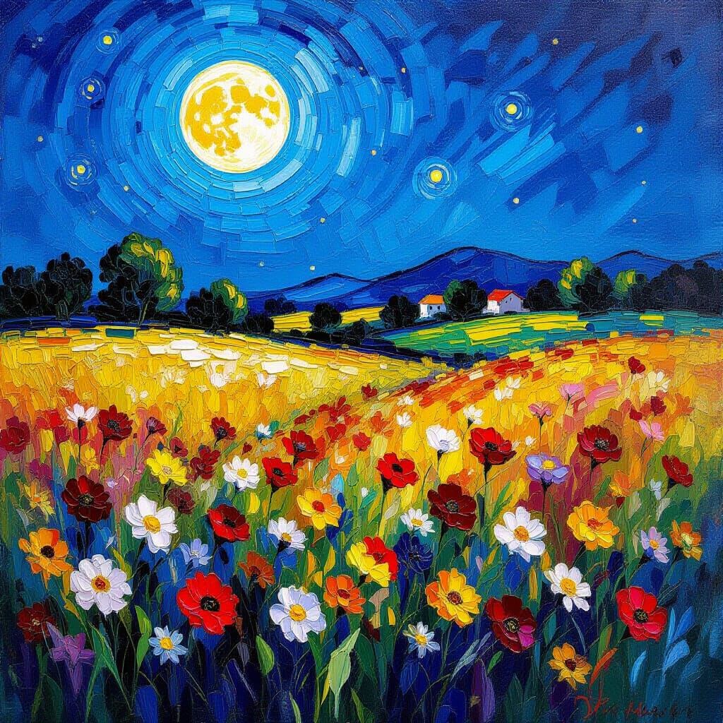Neo-Impressionist Wildflower Field Under Full Moon