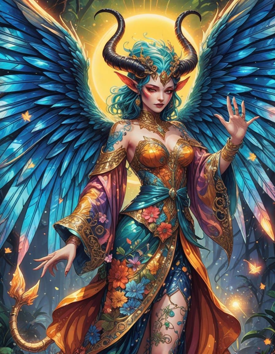 Enchanting Winged Demon in Vibrant Fantasy Landscape