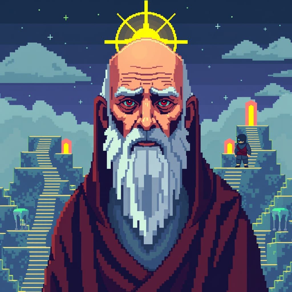8-Bit Monk with Corrupted Pixels and Holy Glow