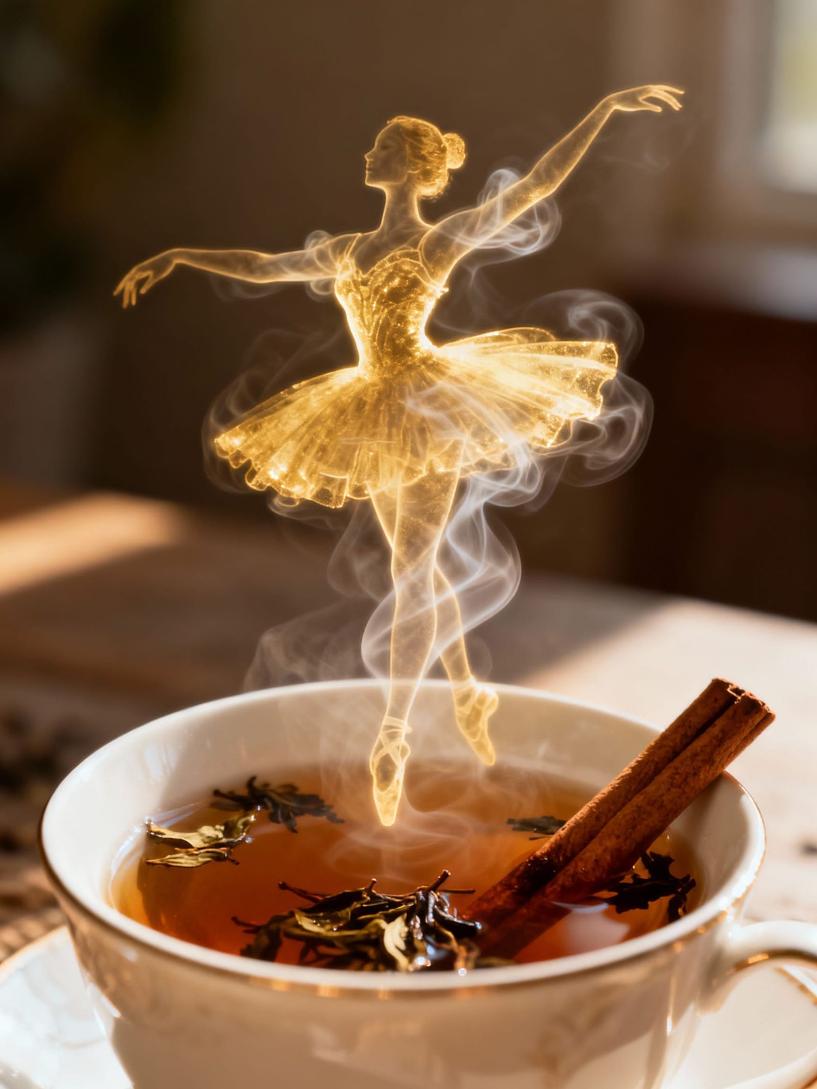 Ballerina Vapor Emerges From Tea Cup With Tea Leaves