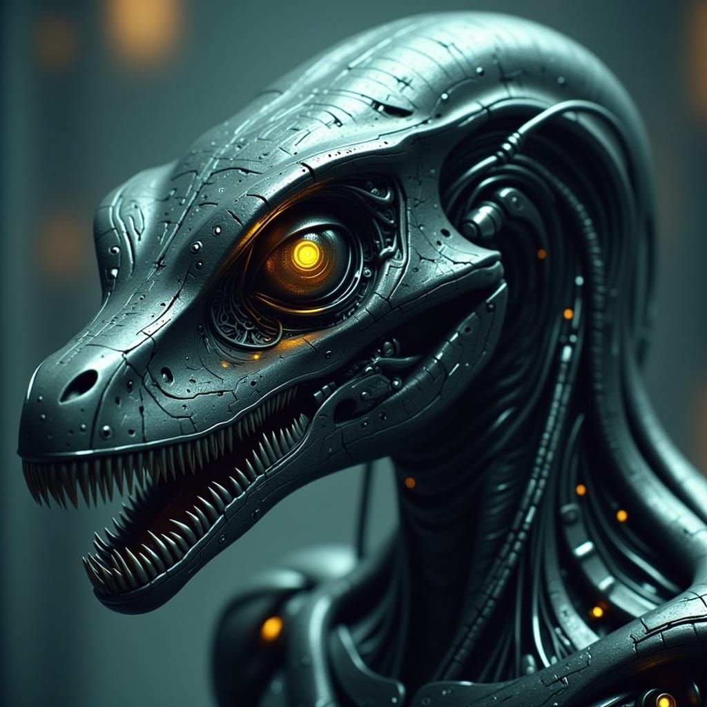 Cyberpunk Robot with Pterodactyl Head in Futuristic Cityscap...