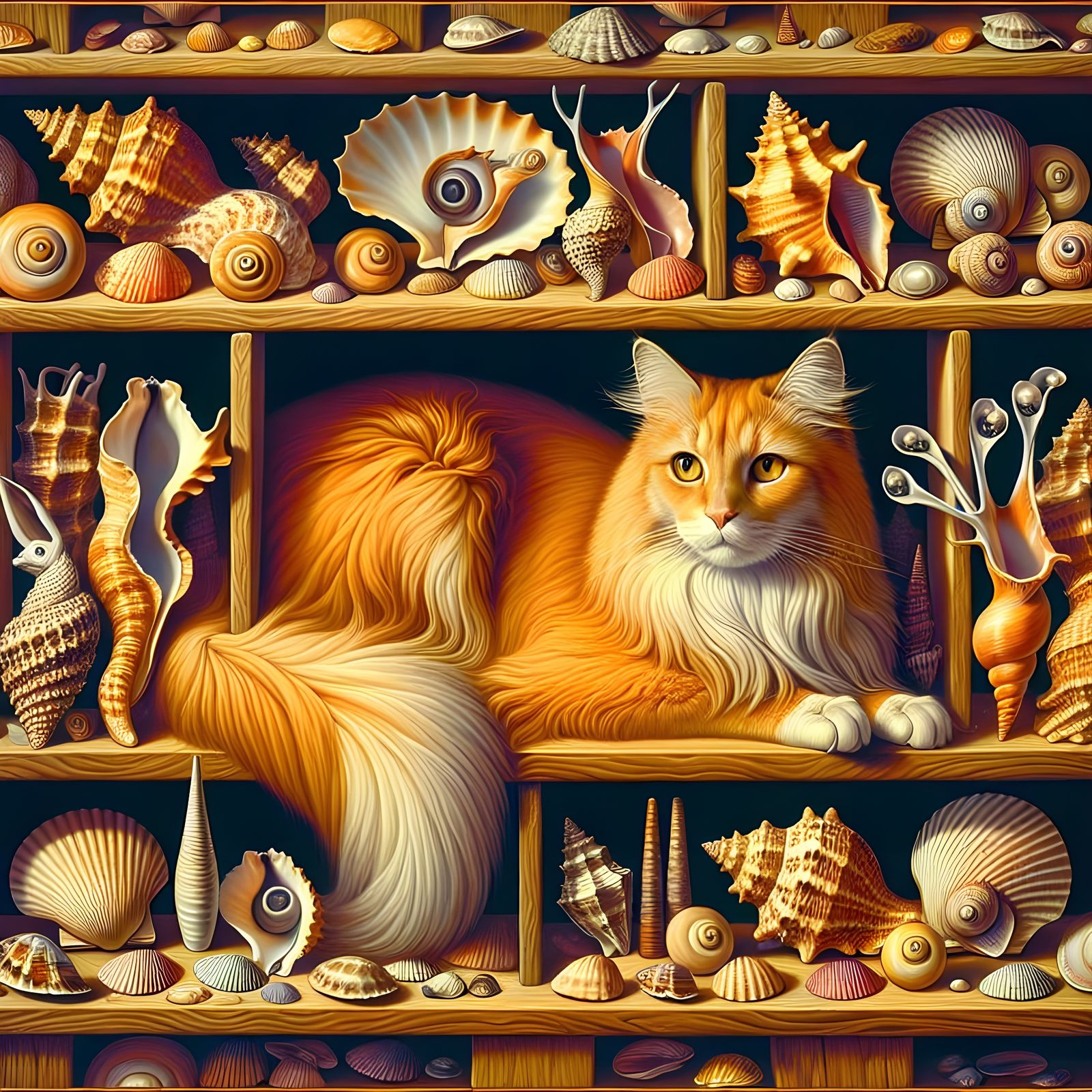 Elegant Orange Cat Amidst Whimsical Shell Collection in Suns...