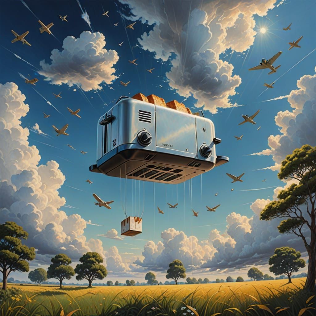 Surreal Toaster Levitates Amidst Whimsical Skies