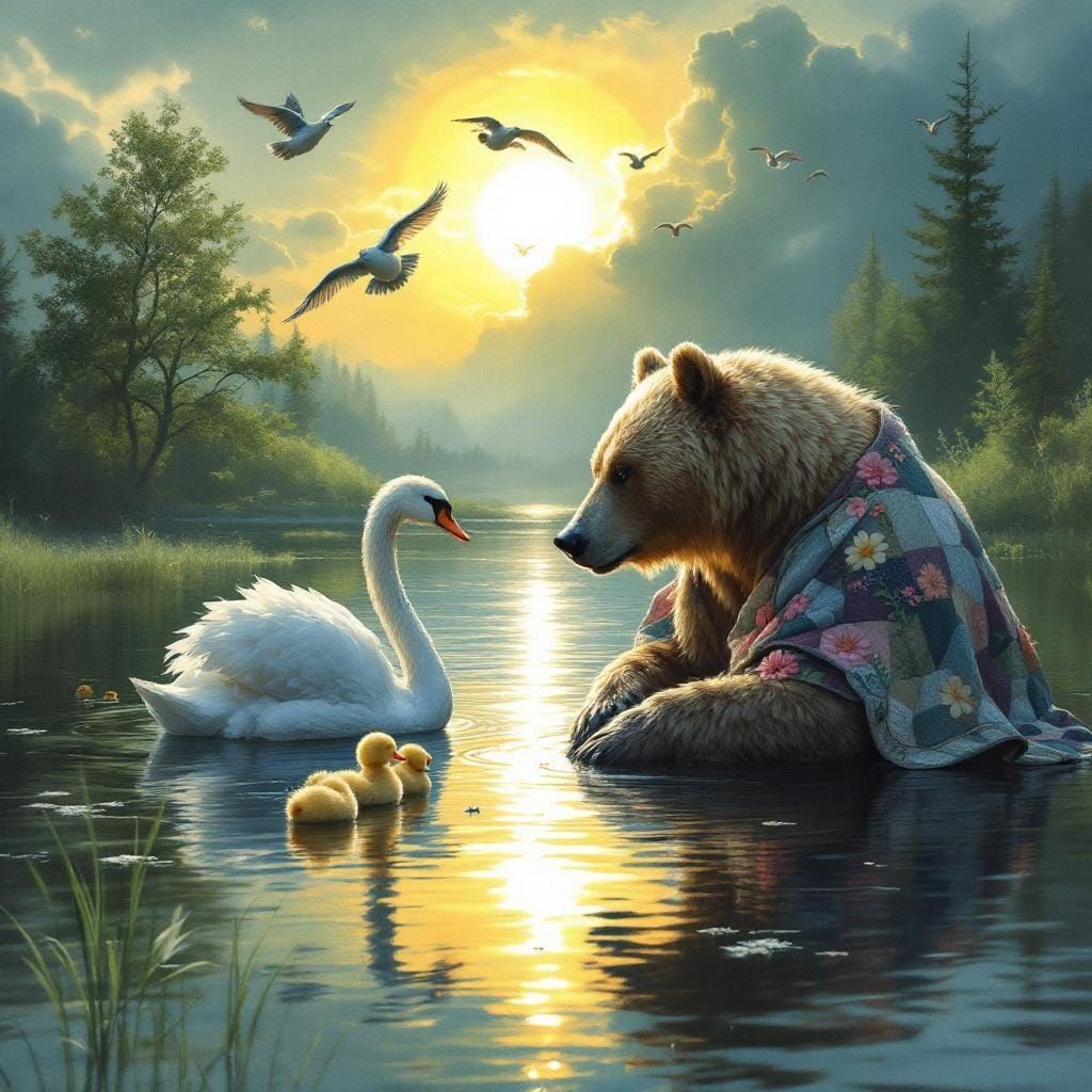 Swan Family and Dragon by River in Watercolor Style