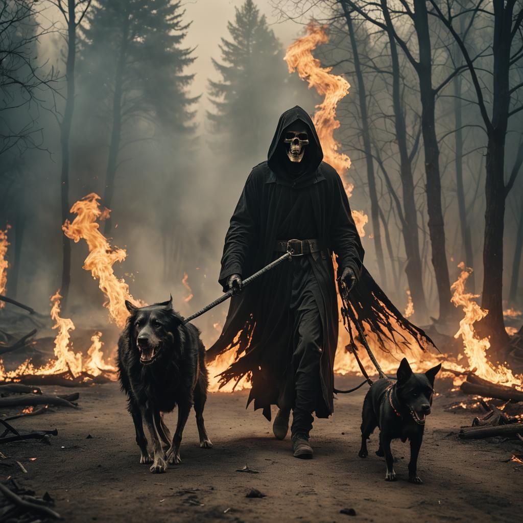 Grim Reaper Walks a Fiery Hell Hound