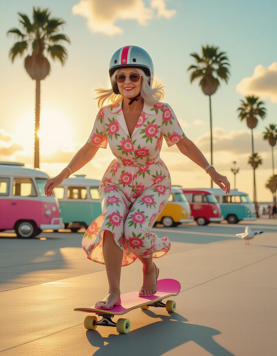 Stylish Senior Skateboarder in Beachside Golden Hour