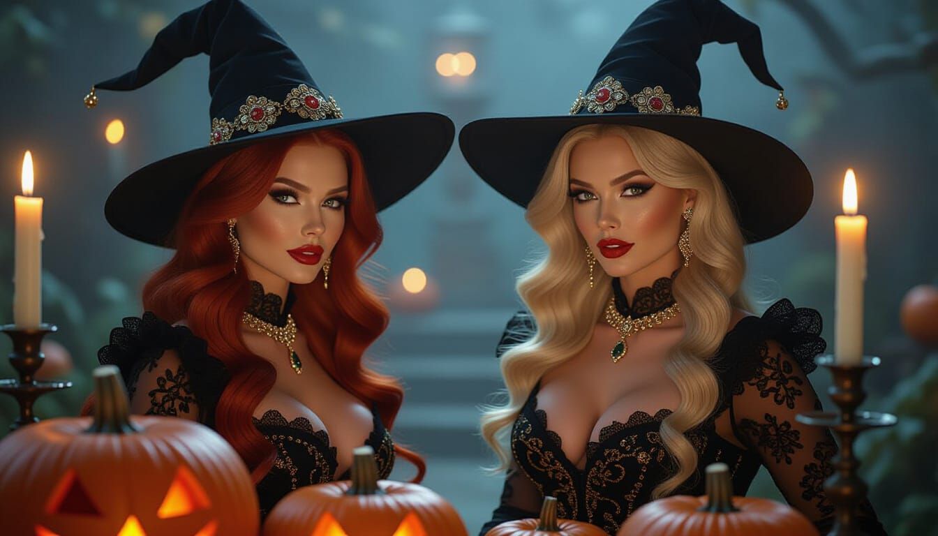 Baroque Witches With Ornate Hats Amid Halloween Decor