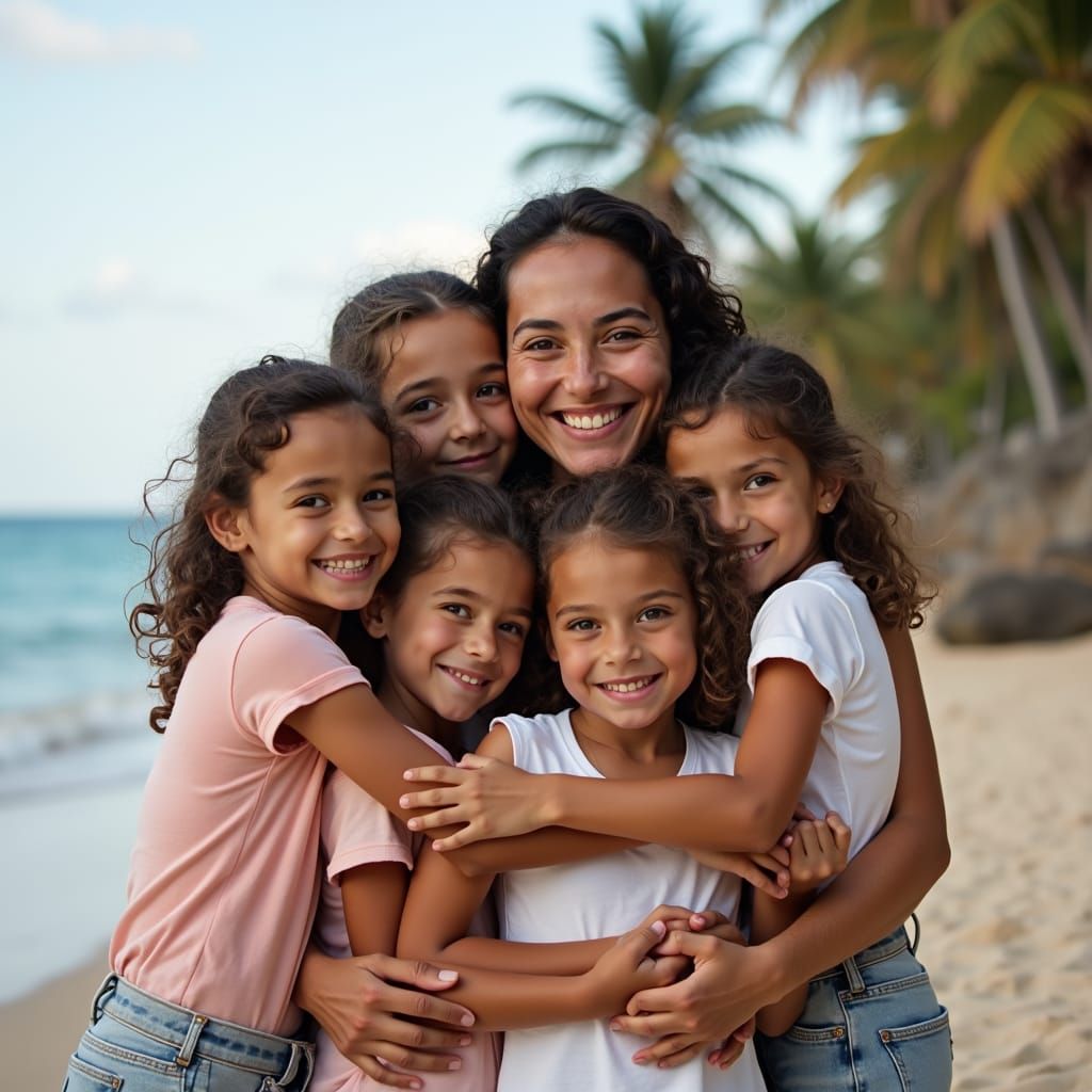 Touching Portrait: Mother and Children by the Sea