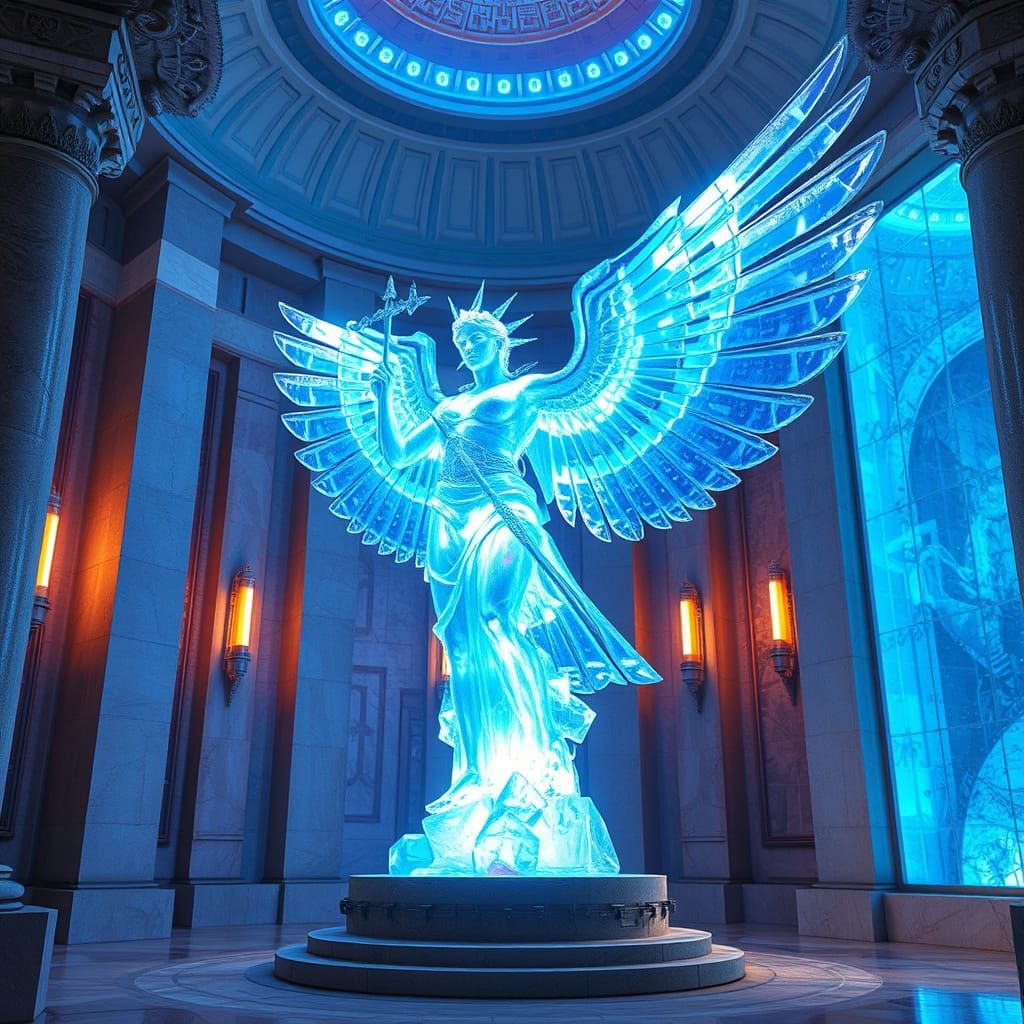 Holographic Winged Victory Sculpture in Futuristic Temple