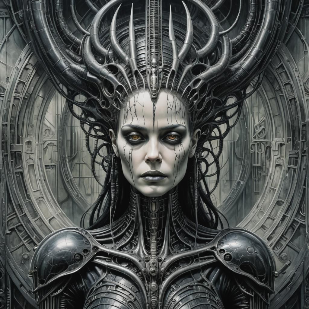 Giger-Inspired Melancholic Queen in Futuristic Dreamscape