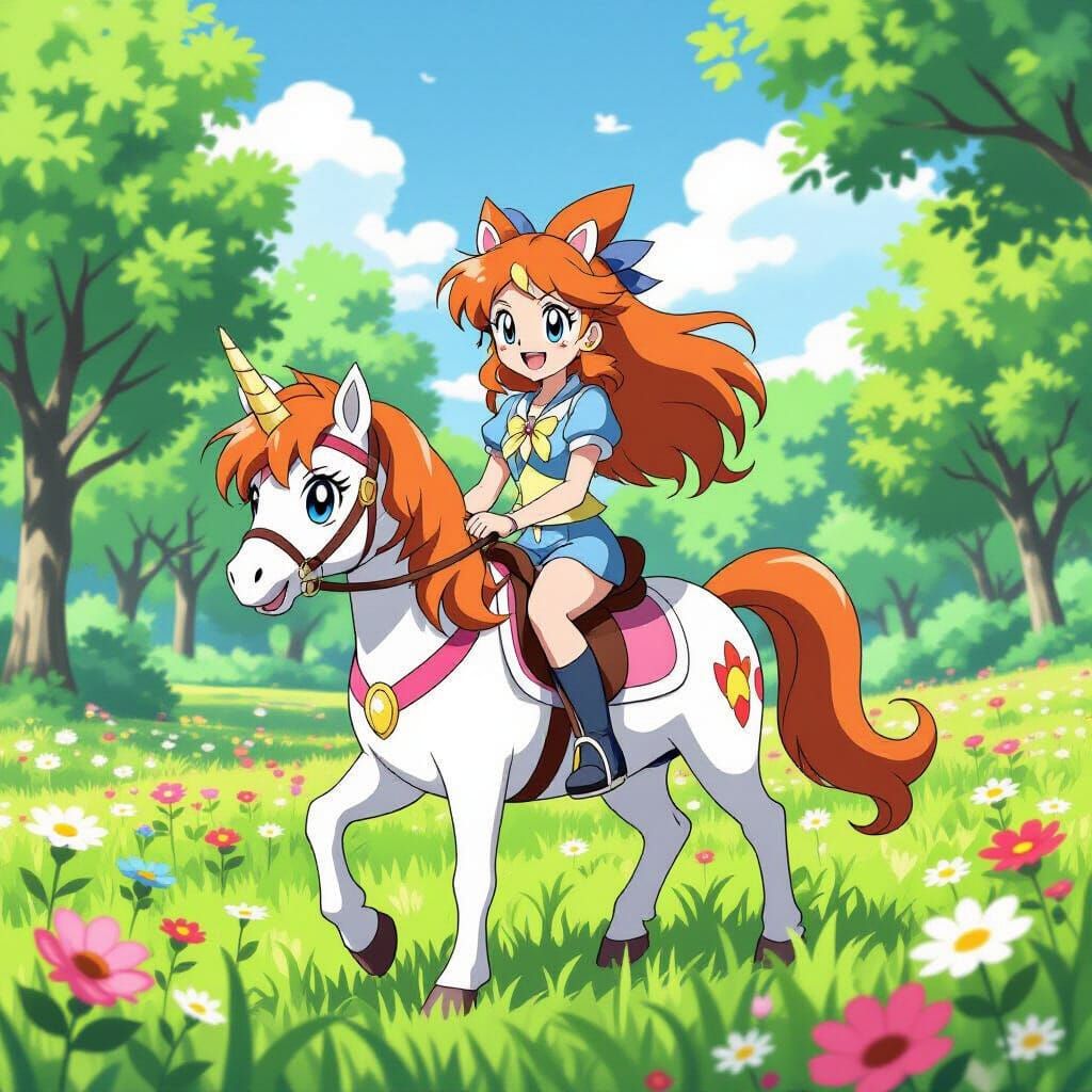 Serena from Pokemon Rides a Pony in Anime Style