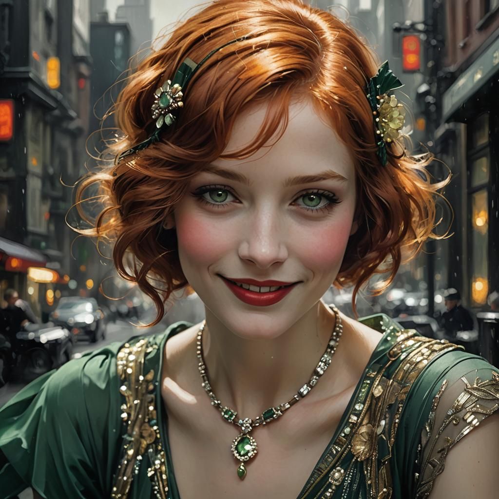 Art Deco Portrait with Green and Ginger Colors