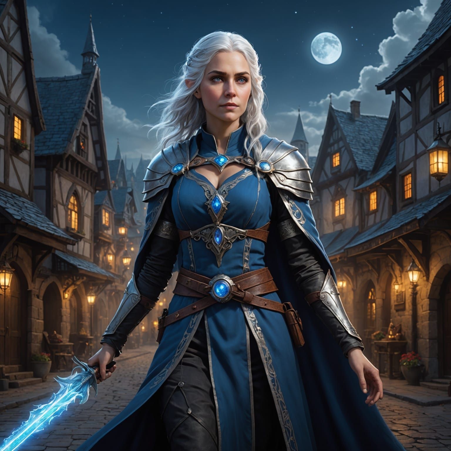 Aasimar Healing Cleric in Moonlit Town