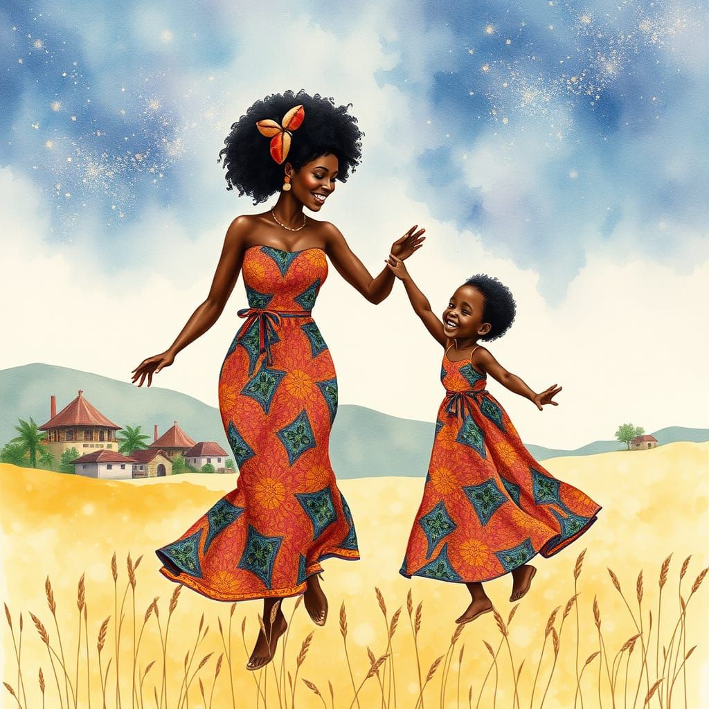 Black Mother and Child Dancing in Stardust, Watercolor