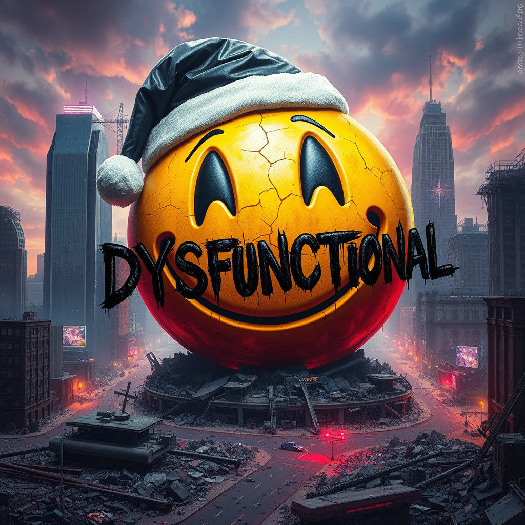 Dystopian Smiley Face in Ruined Cityscape