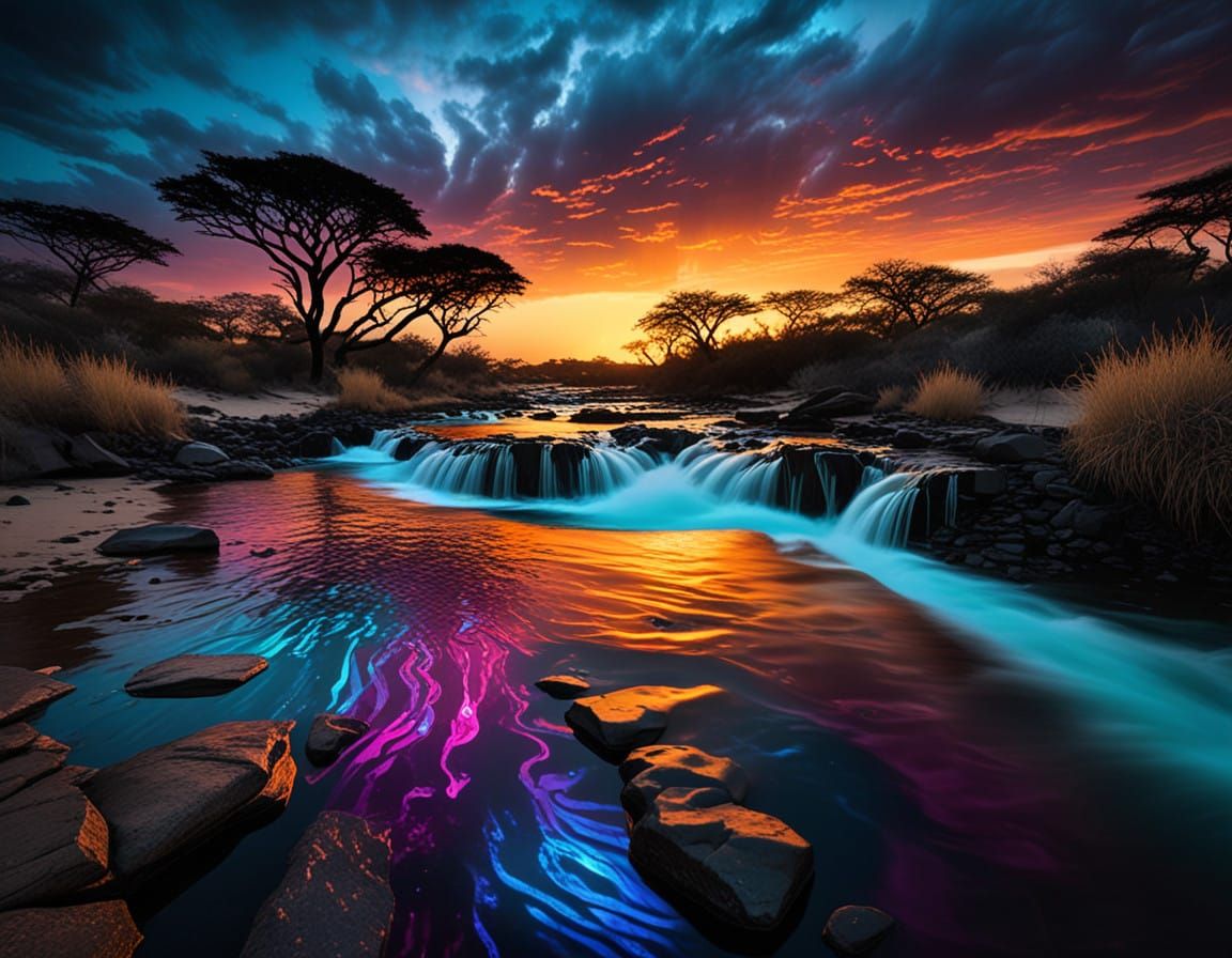 Chiaroscuro. Towering AFRICAN silhouette of swirling iridesc...