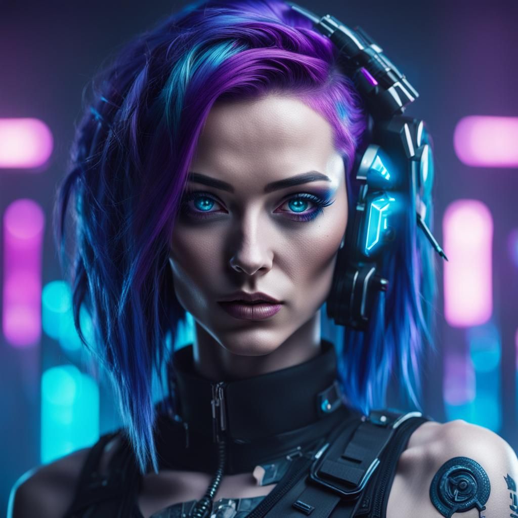 Cyberpunk Girl Portrait with Purple Hair and Blue Eyes