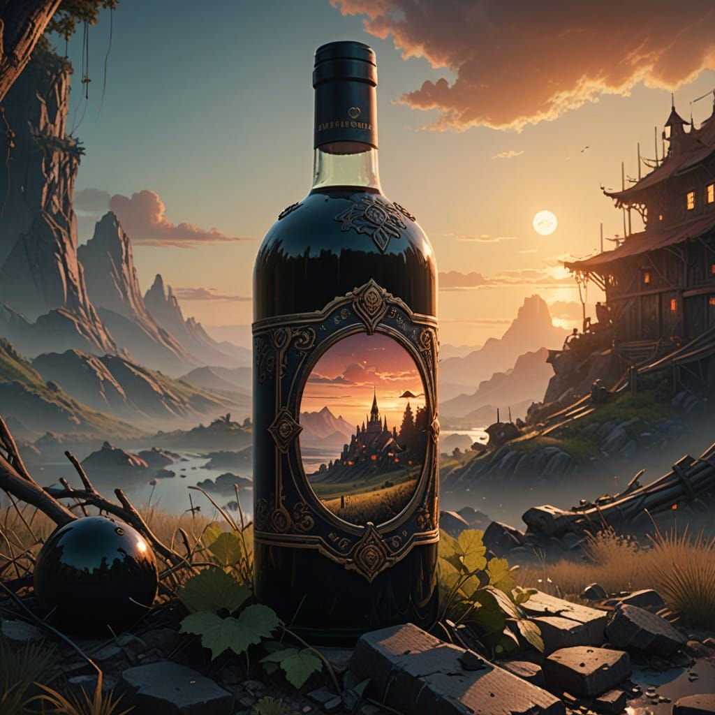 Abandoned Wine Bottle in Mystical Dreamlike Landscape