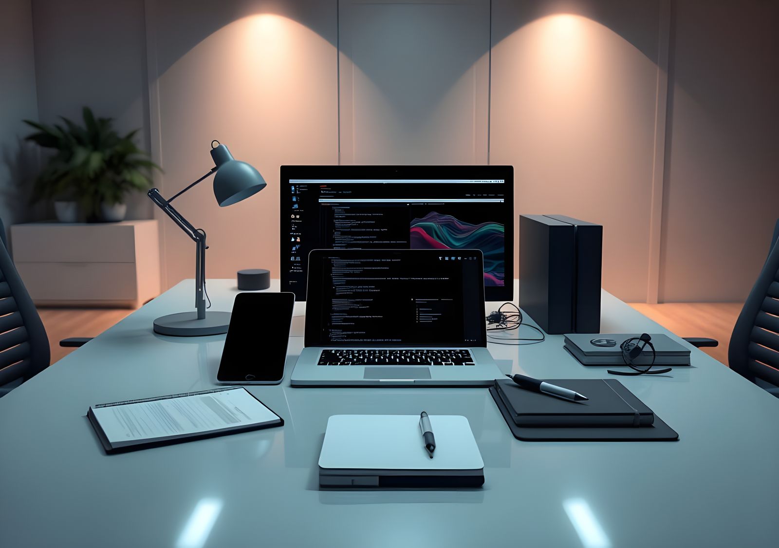 Clean Office with Digital Devices, Detailed Matte Painting