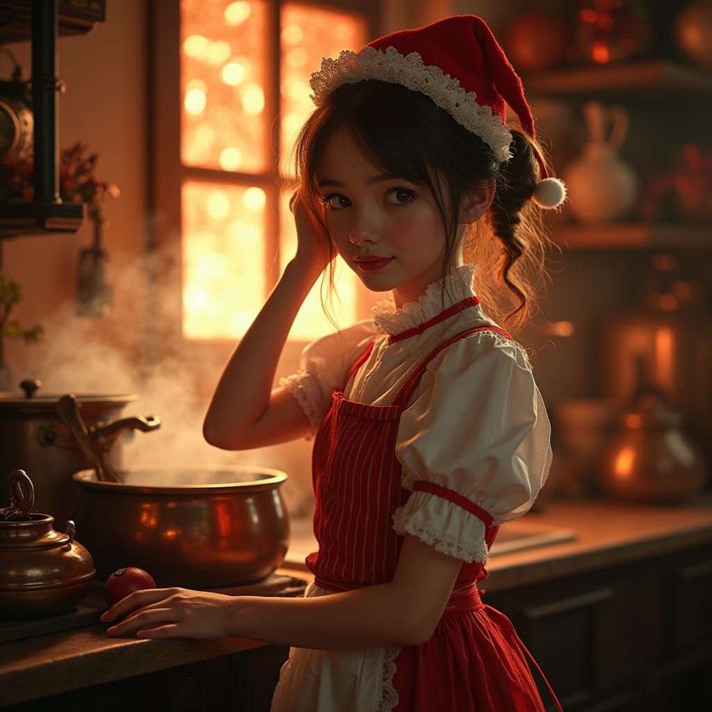 Stunning Actress in Santa's Maid Outfit, Surrounded by Helli...