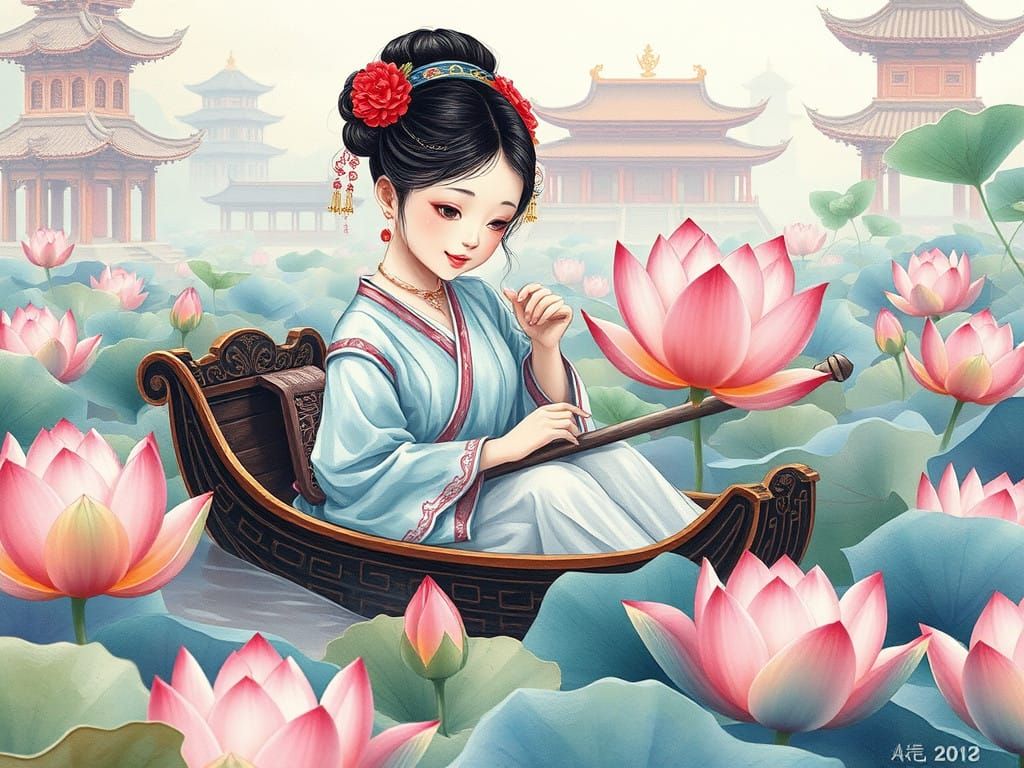 Whimsical Jiangnan Girl in Traditional Boat Amidst Lotus Lea...