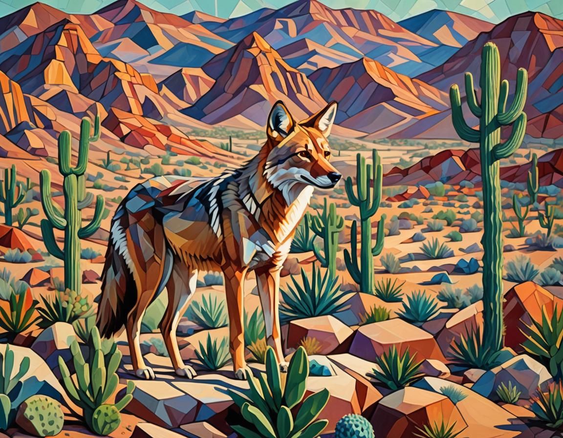 Cubist Coyote in Desert Landscape