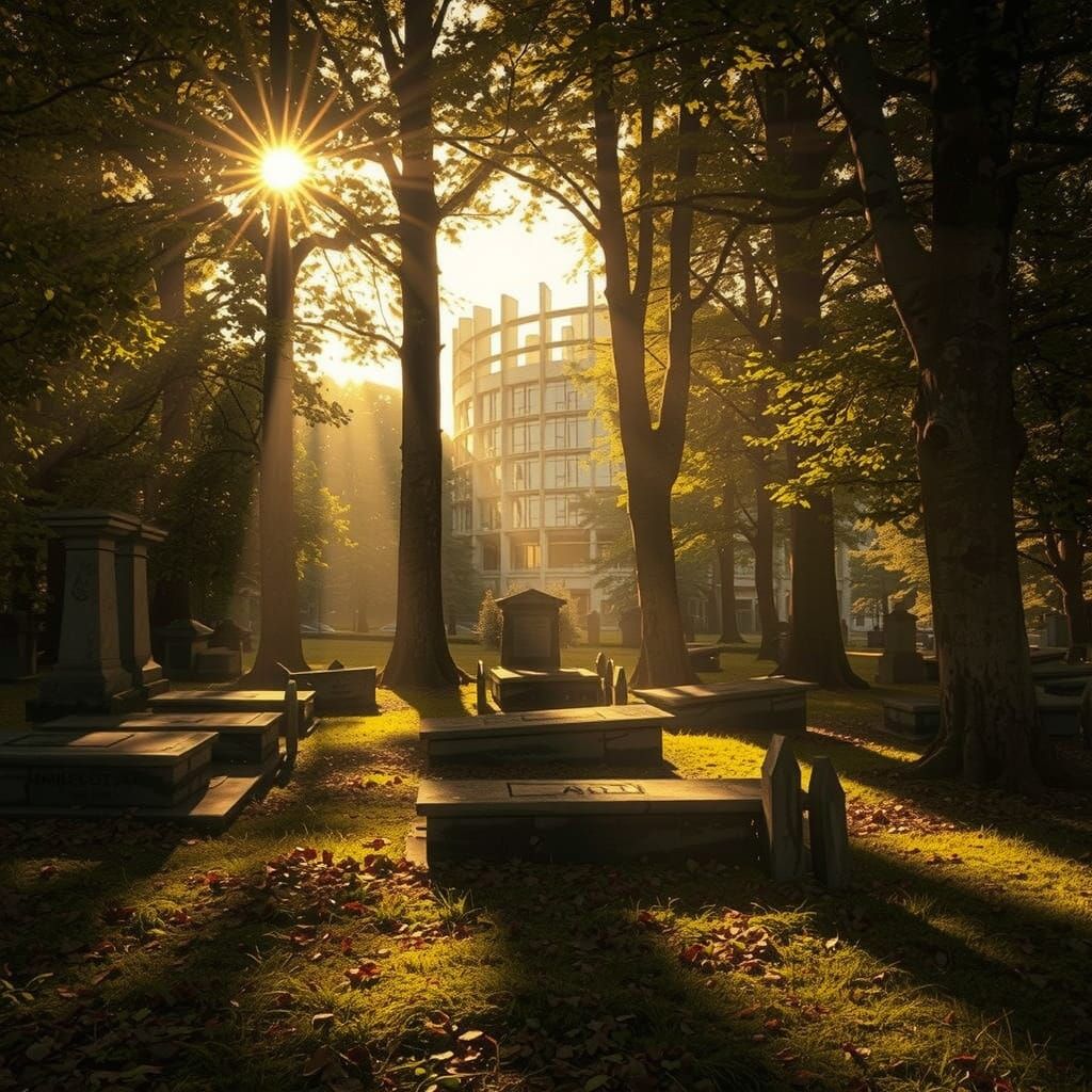 Burial Site Amongst Towering Trees with EU Parliament in Bru...