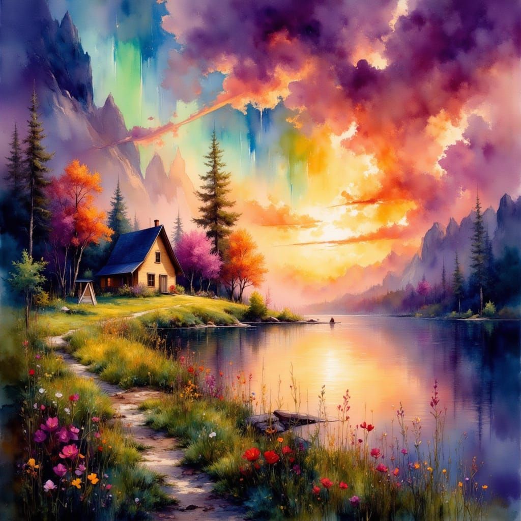 Serene Lake at Sunset with Aurora Borealis