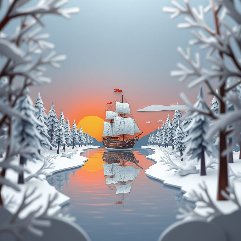 Majestic Paper Sailboat in Winter Sunset Landscape