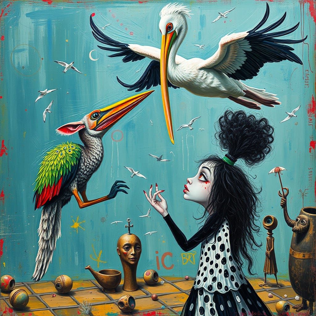 Vibrant Impasto Creatures Soar Amidst Surreal Chaos