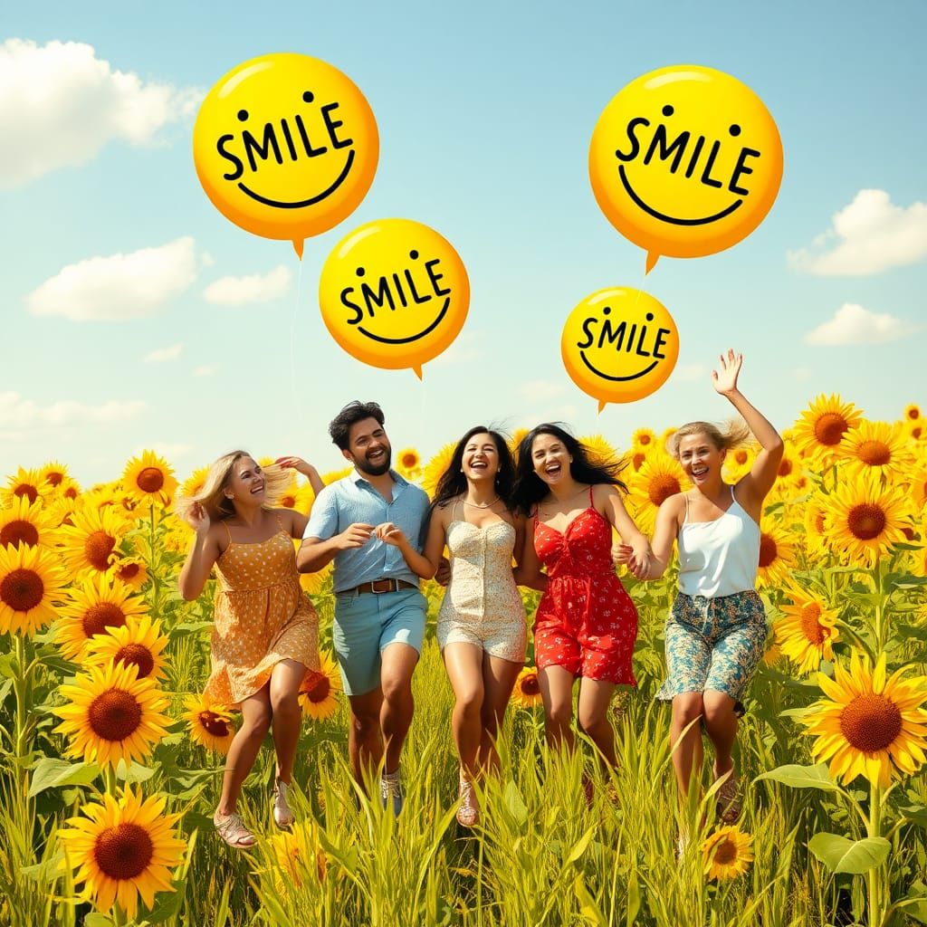 Joyful Dancers in Sunflower Field with Smile Bubbles