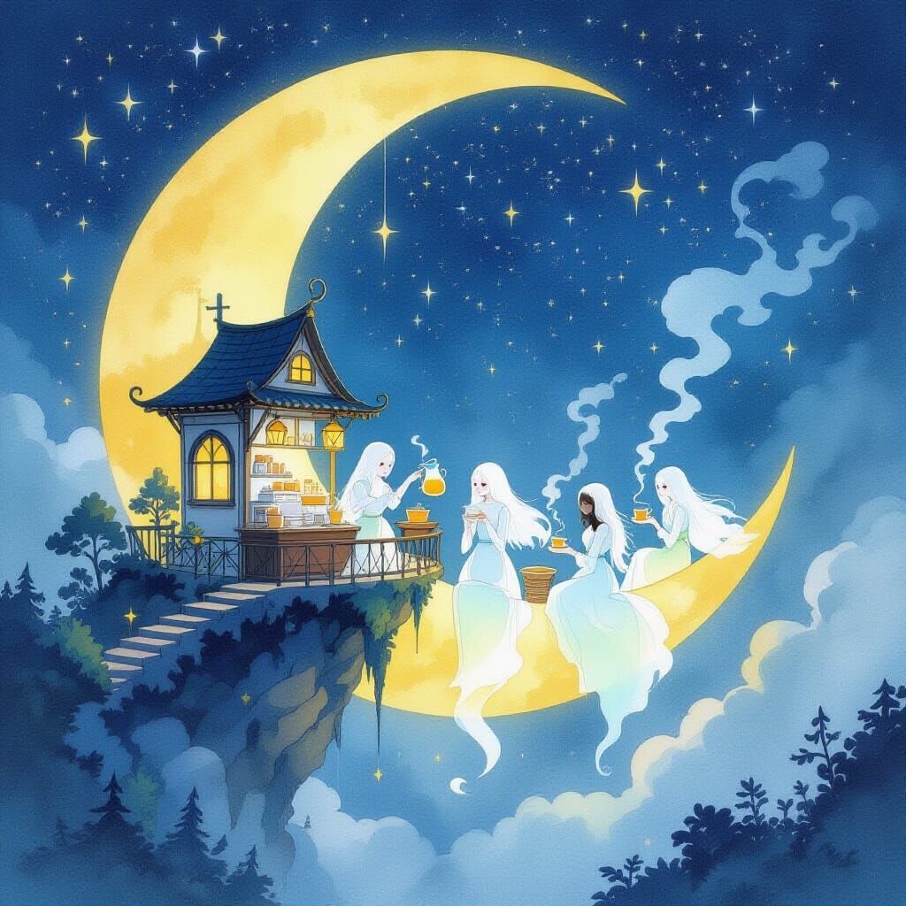 Whimsical Moon Cafe with Ghostly Baristas Serving Stardust P...