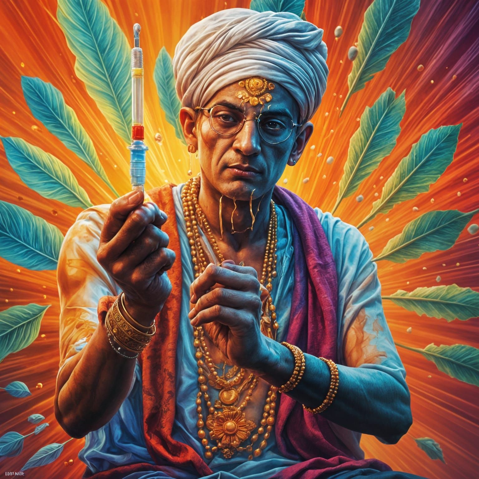 Hyperrealistic Hare Krishna Injection: Detailed Splash Art