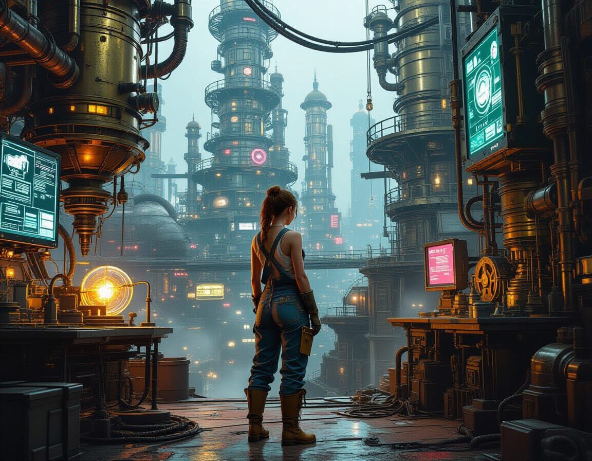 Female Laborer in Futuristic Steampunk Factory with Neon Lig...