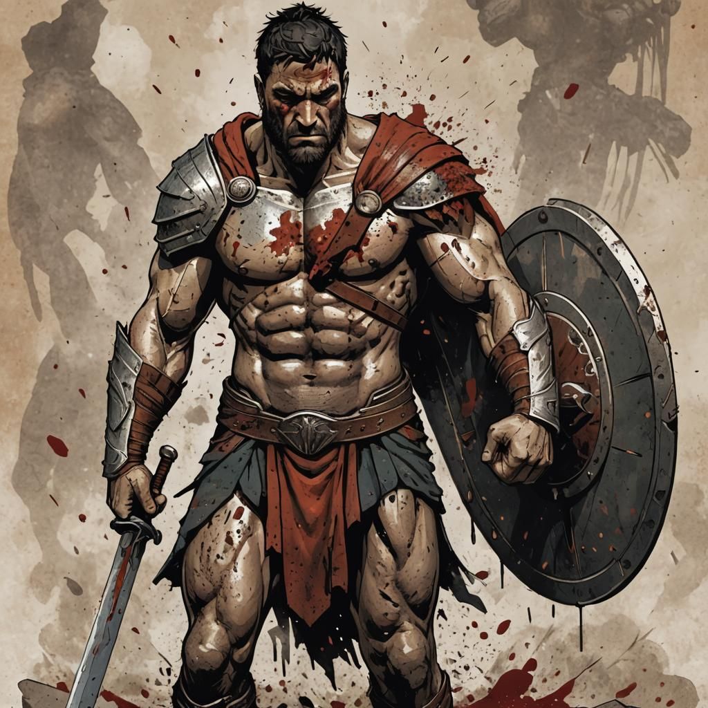comic style artwork. A muscular spartan warrior stands with ...