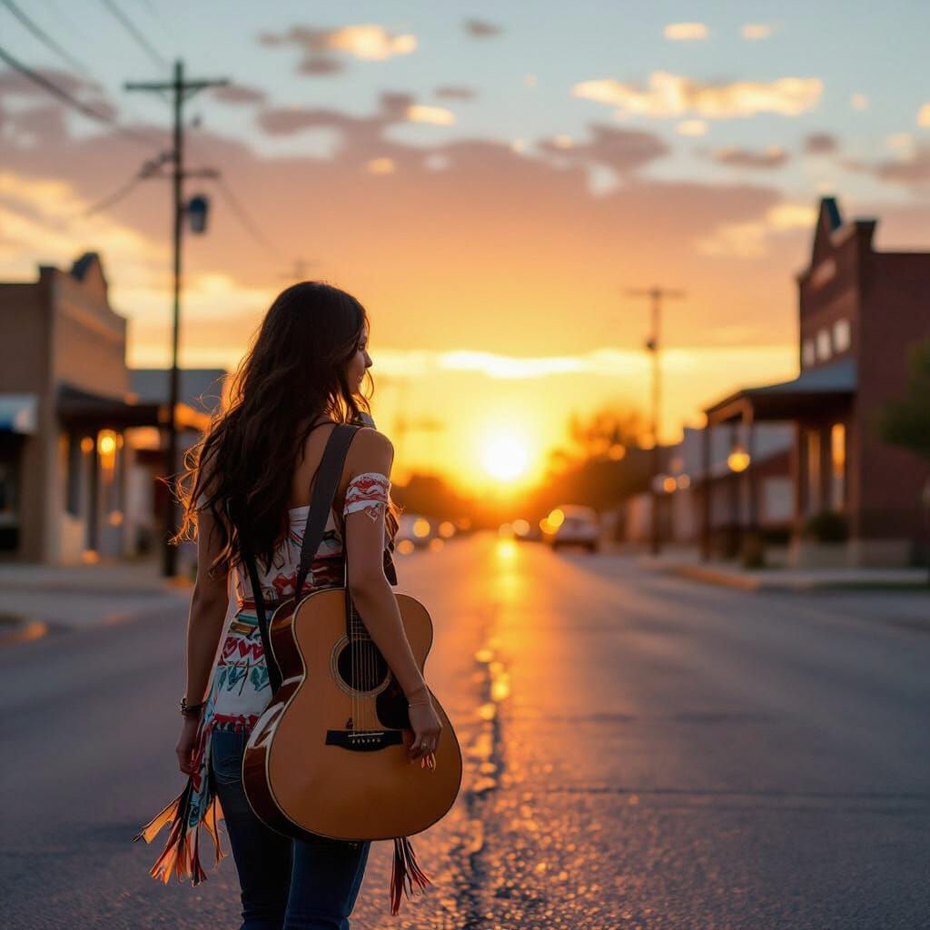 Native American Woman with Guitar at Sunrise in Corsicana