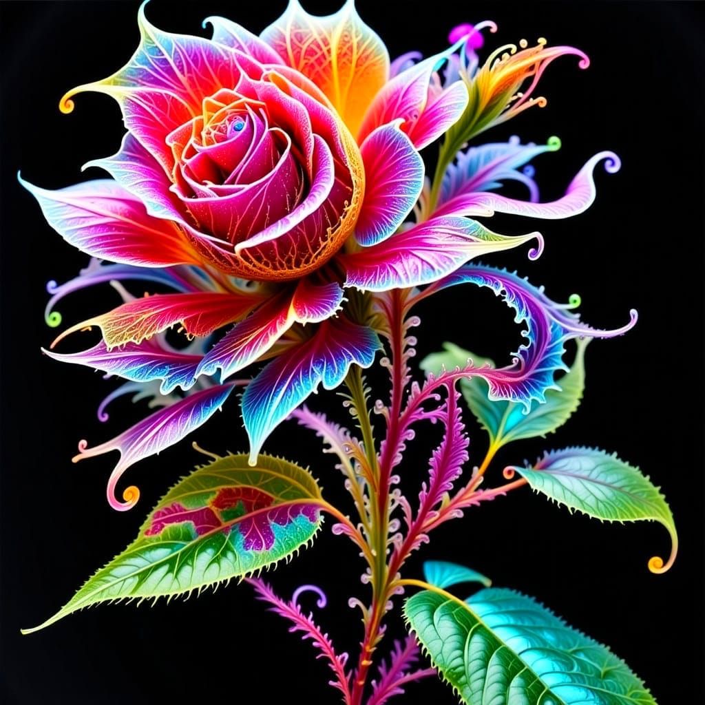 Ethereal Gilded Rose Blooms in Vibrant Neon Light