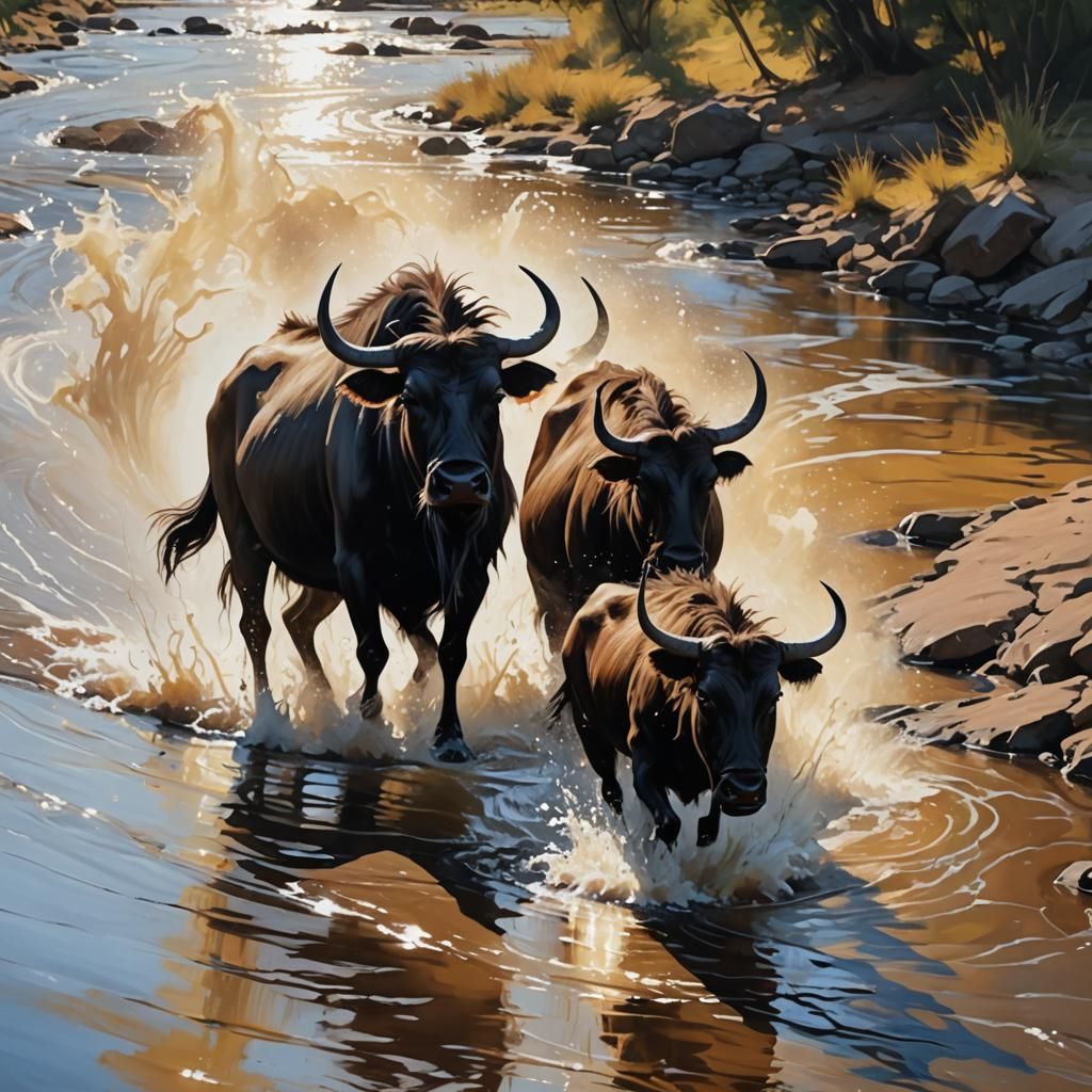 Gnu Silhouette Crossing River as Oil Painting