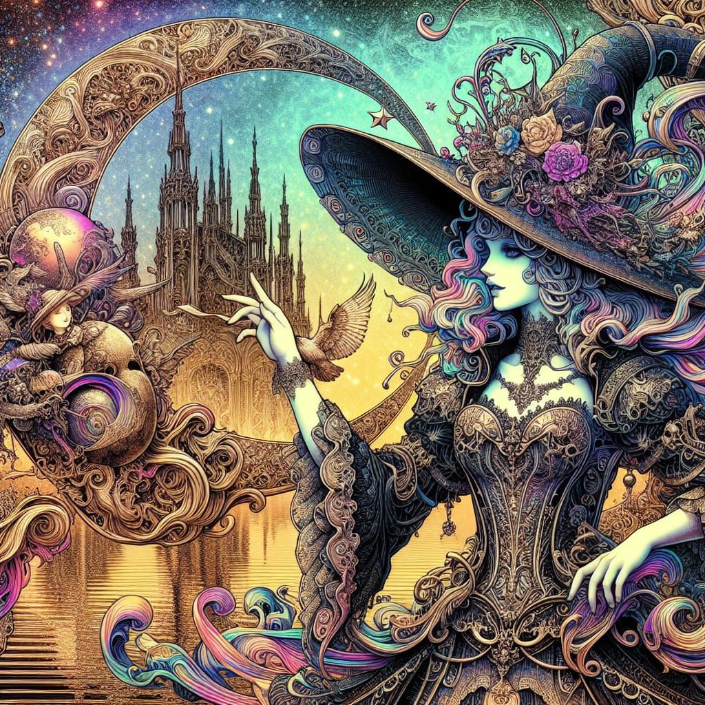 Botticelli-Inspired Steampunk Witch with Manga Aesthetics