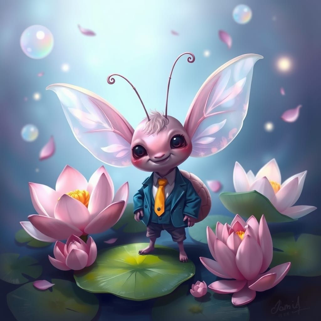 Whimsical Insect Creature in a Dreamy Floral Scene