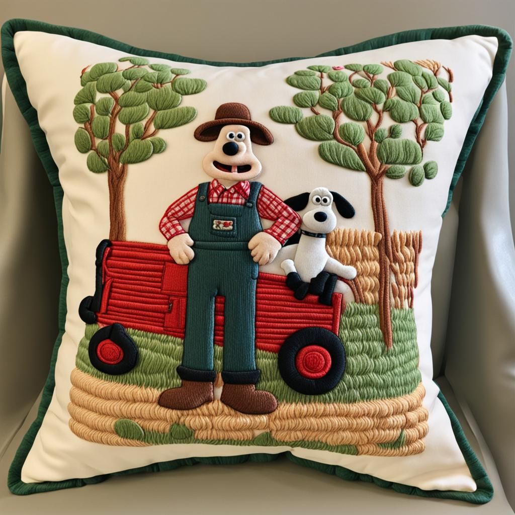 Wallace and Gromit Embroidered Farm Pillow