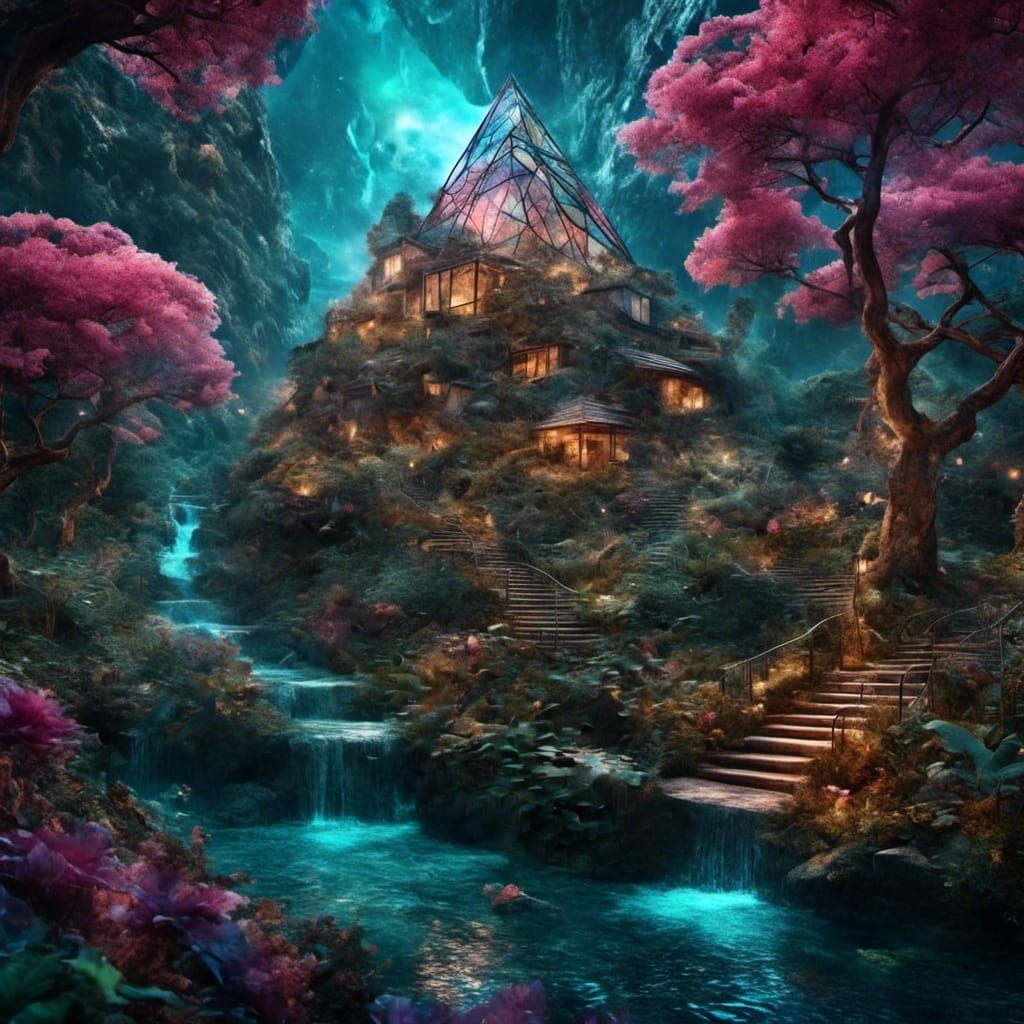 Pyramid Houses with Waterfalls in Astral Style