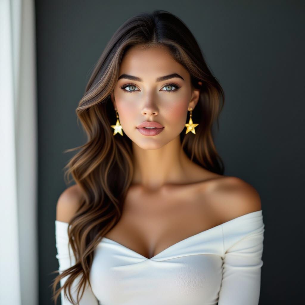 Stylish Woman with Star Earrings in Cinematic Portrait