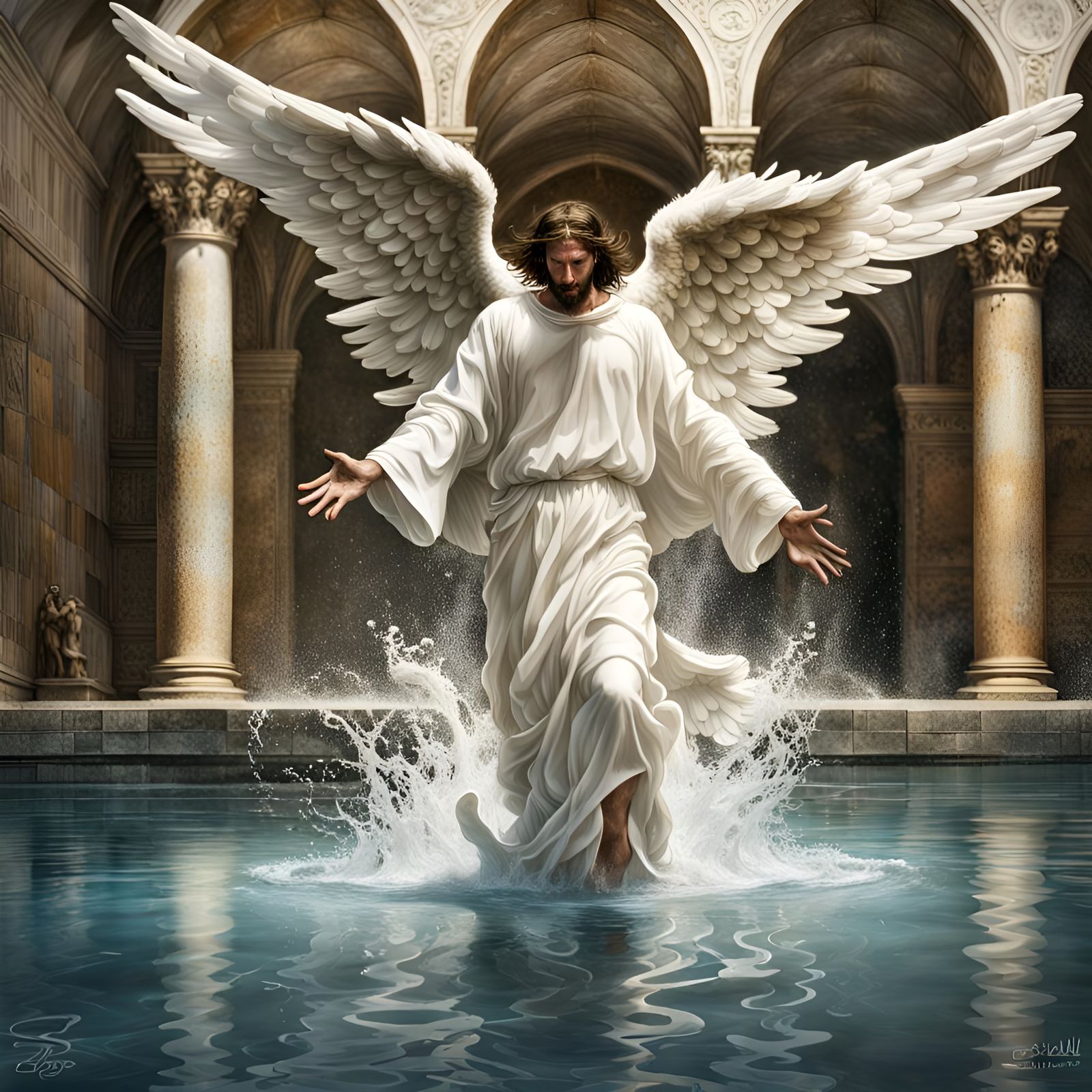Angel Dives into Pool of Bethesda: Hyperrealistic Splash Art