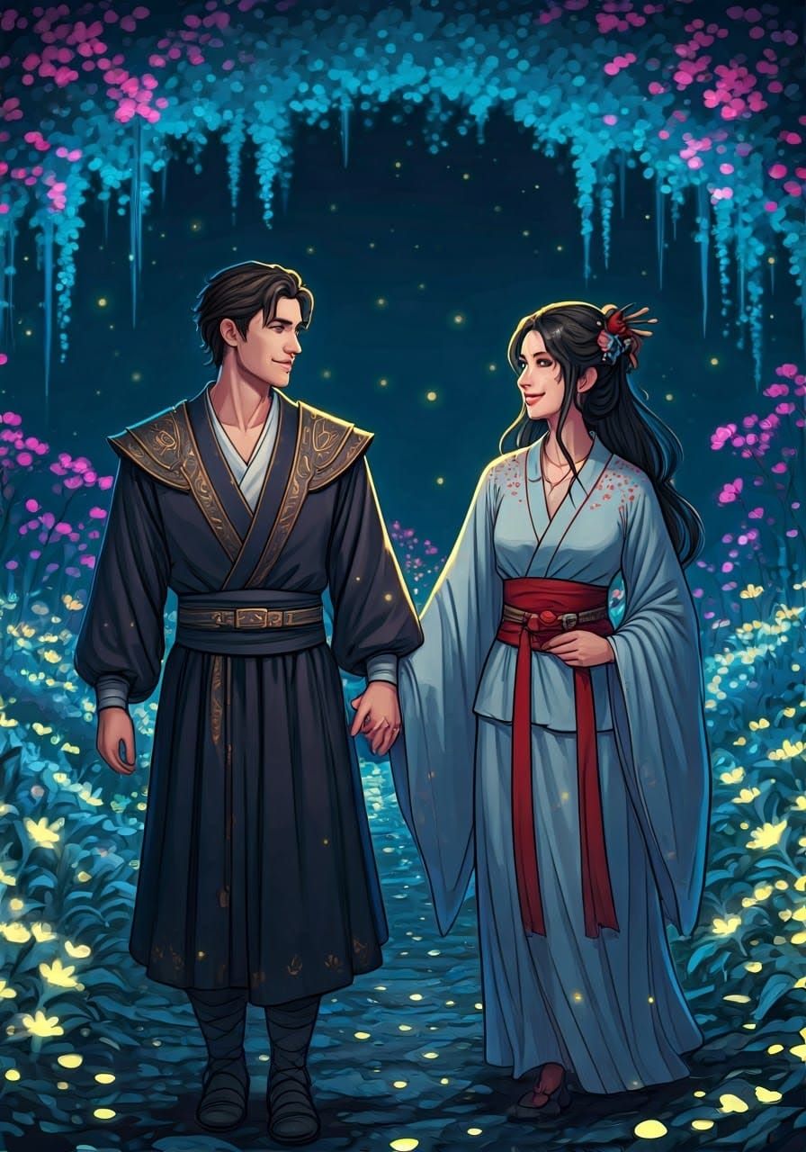 Romantic Couple in Bioluminescent Enchanted Garden