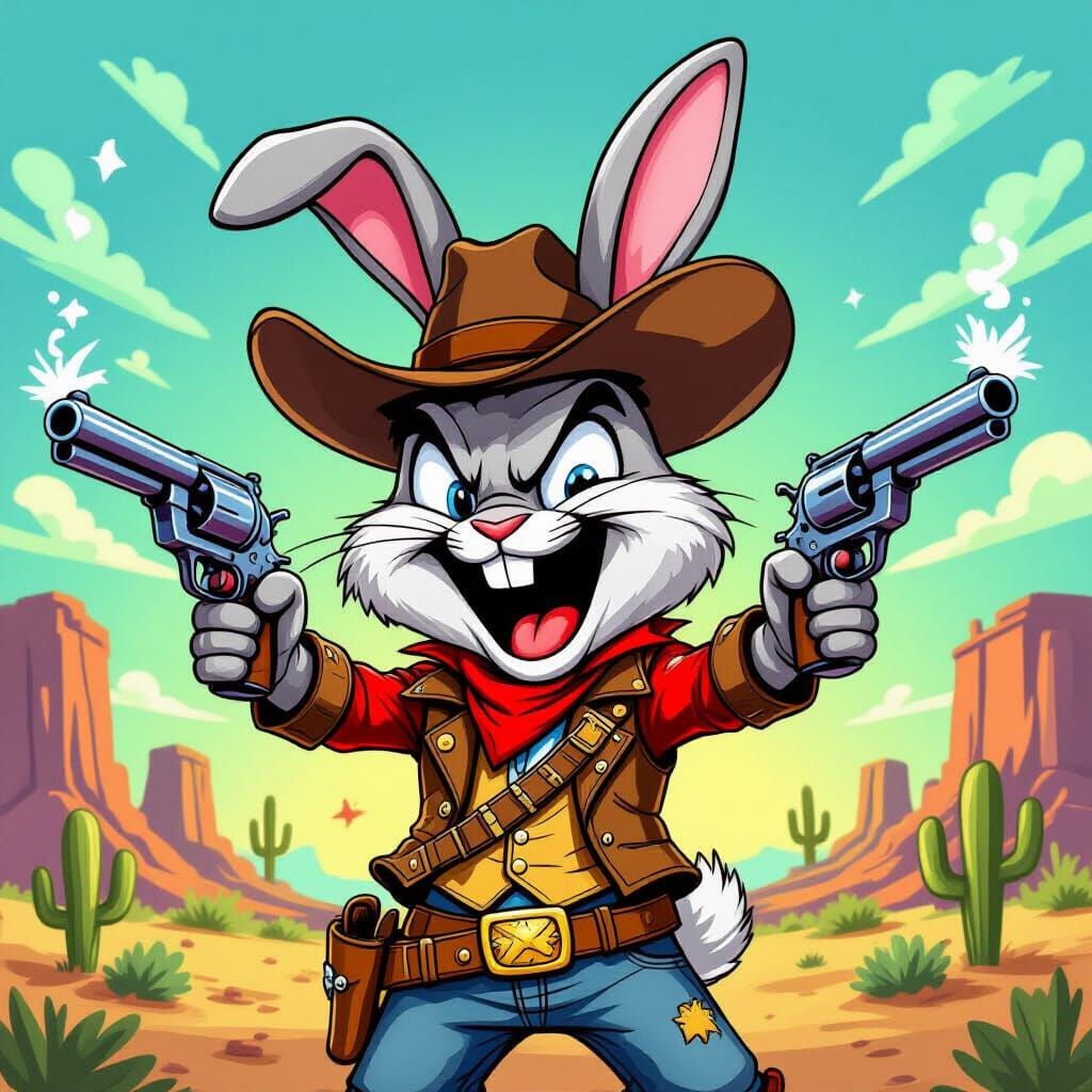 Wild West Bunny with Guns, Cartoon Style