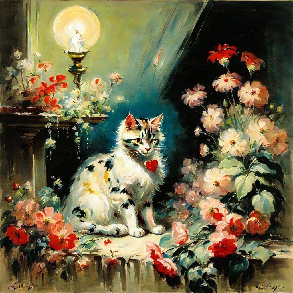 Cute Cat Surrounded by Flowers, Ashcan School Style
