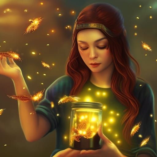 Girl Opens Jar of Fireflies: Fantasy Concept Art