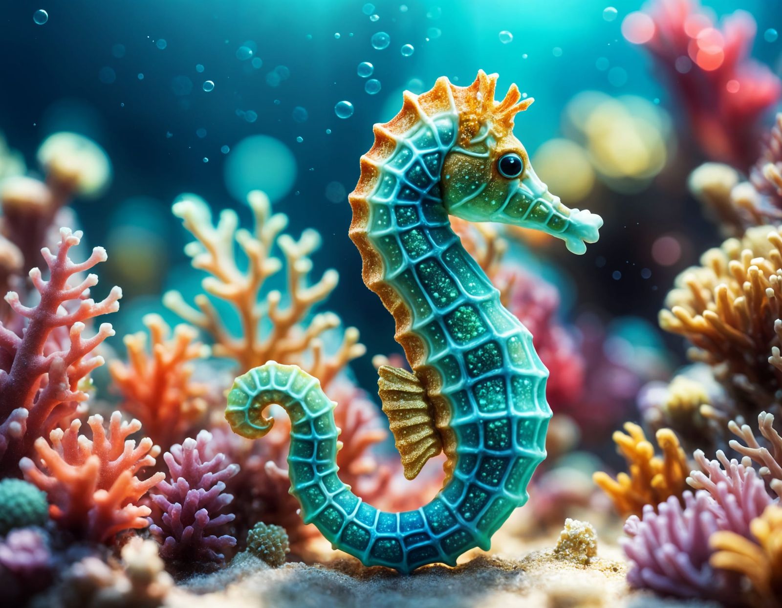 Neon Seahorse in Glittering Coral Reef