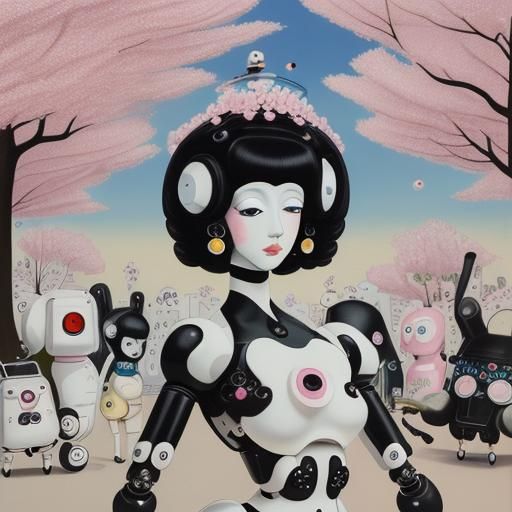 Robots and Cherry Blossoms, Aubrey Beardsley Style